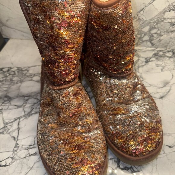 Ugg Women’s Size 8 Classic Short Sparkle Sequin Copper Red Gold Leather - Picture 7 of 10